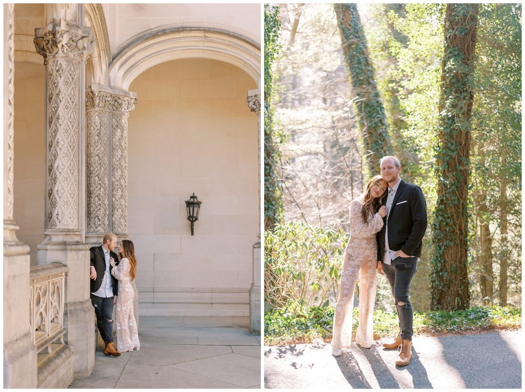 Couple hugs each other during luxury engagement session at The Biltmore in North Carolina