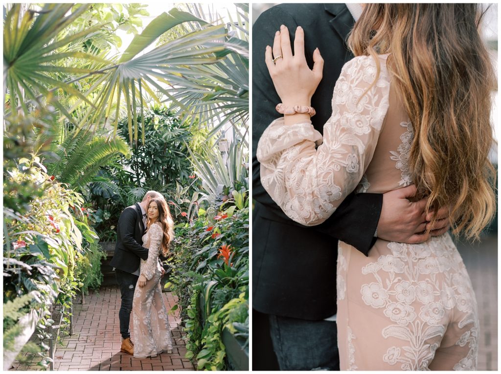 Lace jumpsuit and black jacket on engaged couple inside the Biltmore Conservatory