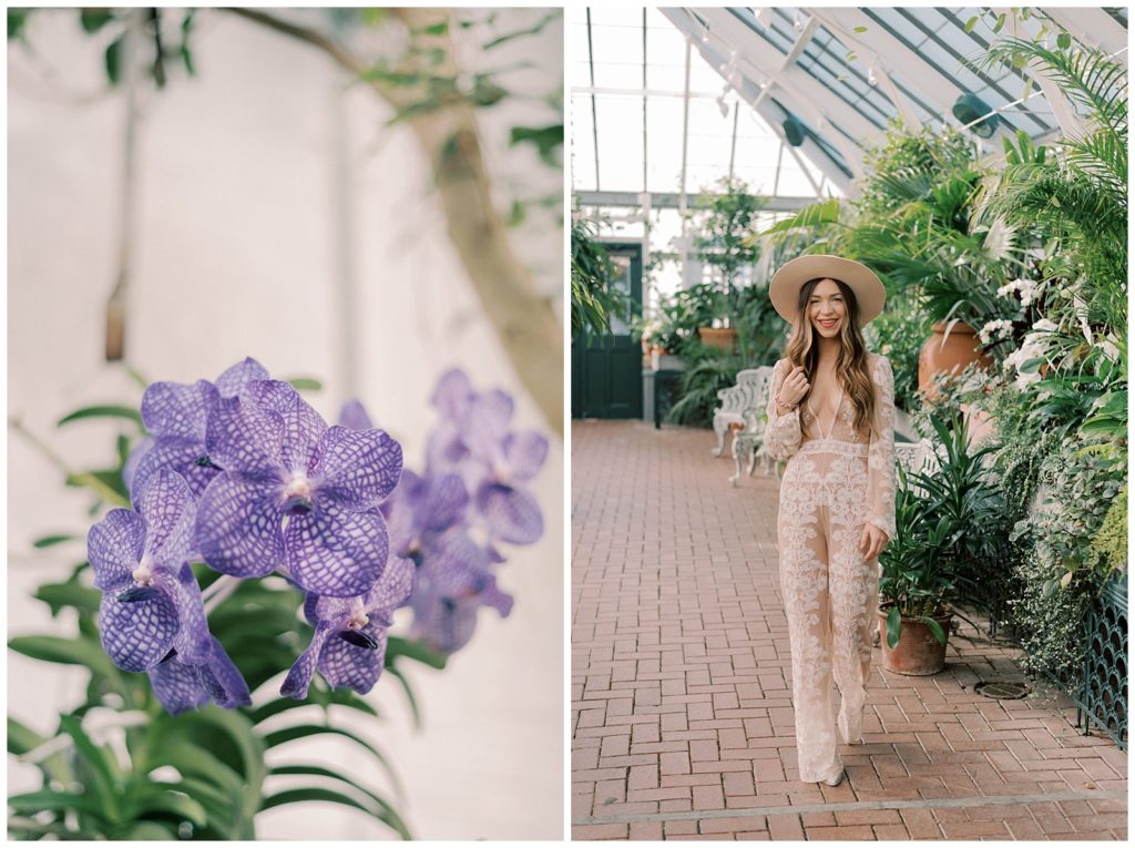 Portrait of engaged woman in lace jumpsuit and hat photographed by Kelsey Halm Photography at The Biltmore Conservatory