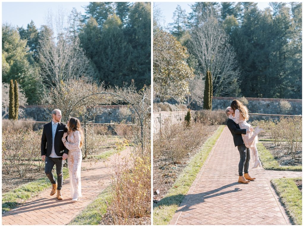 Portraits of luxury engaged couple kissing and walking during Engagement session at The Biltmore Conservatory