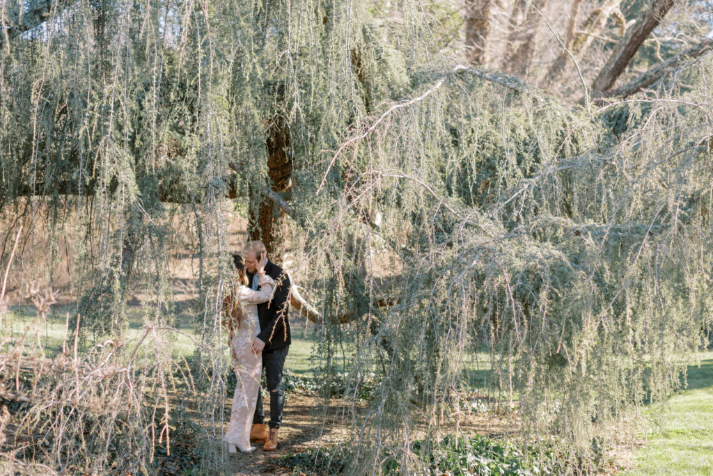 Couple kissing under a willow tree during their luxury engagement session on the grounds of The Biltmore Estate