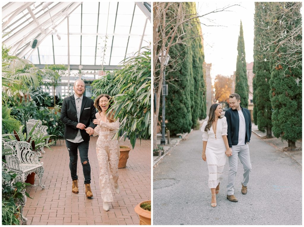 Two engaged couples bride in a lace jumpsuit and white dress grooms dressed casually