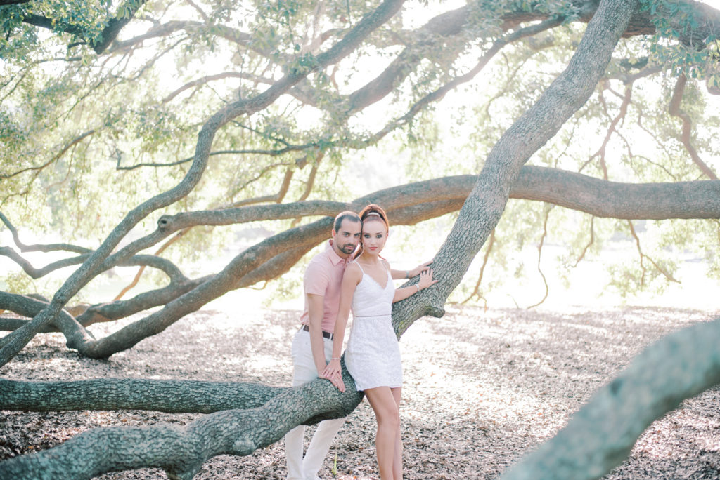 Couple sitting in Live Oak tree in Hampton Park Charleston South Carolina 