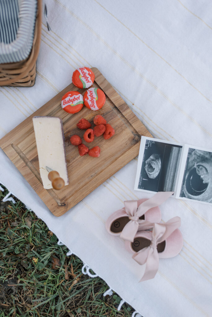 Picnic setup on a white blanket with pink baby shoes and ultrasound photos during a Hampton Park Maternity Session