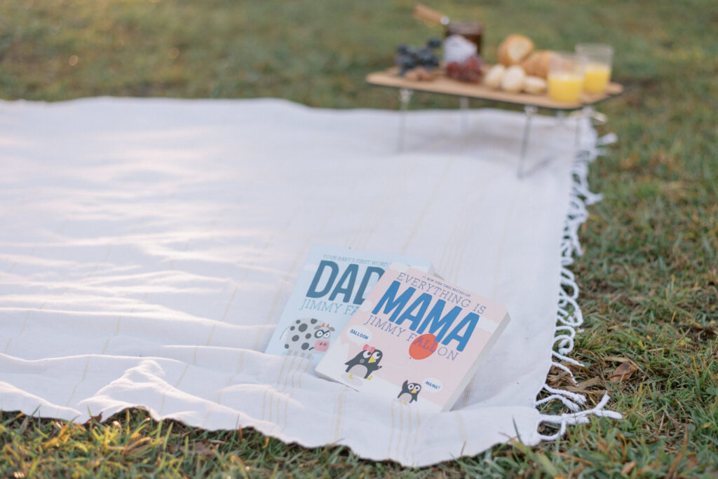 picnic blanket in Hampton Park South Carolina with Jimmy Fallon Mama Dada books
