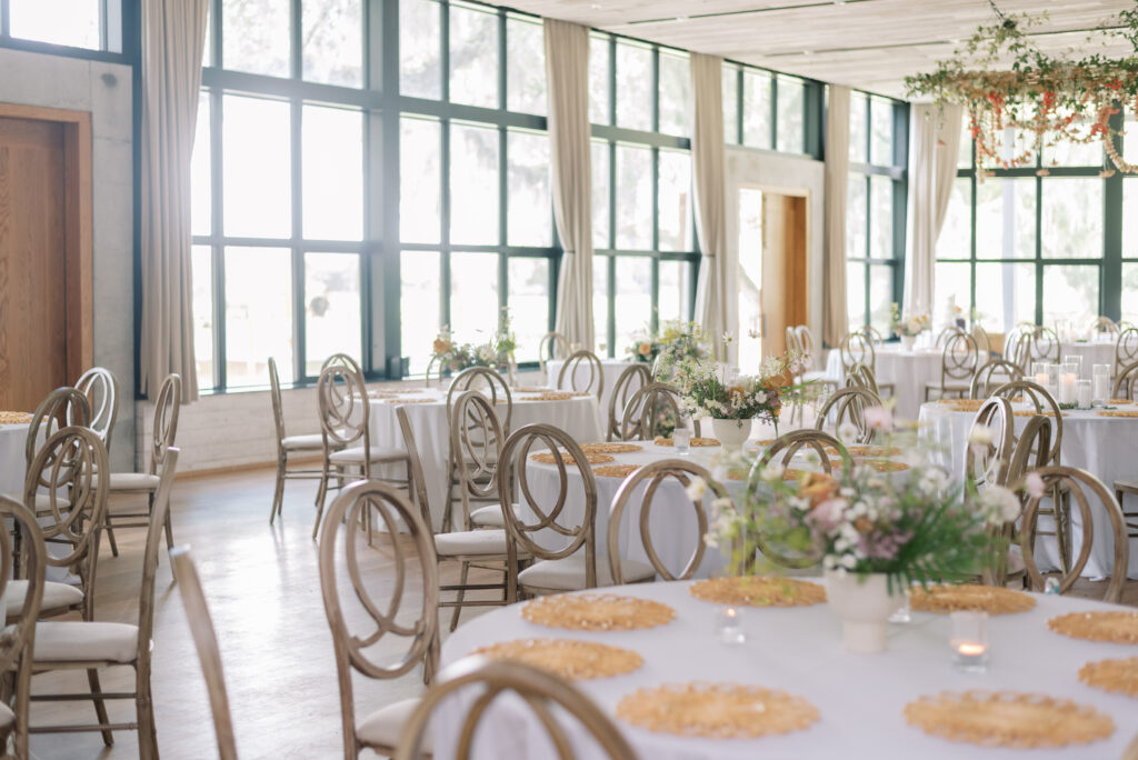 Reception setup at Middleton Place with pastel flowers