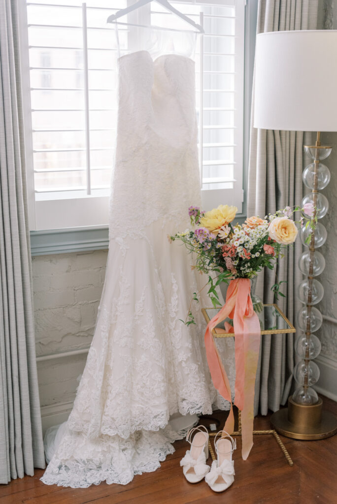 Anne Barge wedding gown, bouquet, and loeffler randall shoes