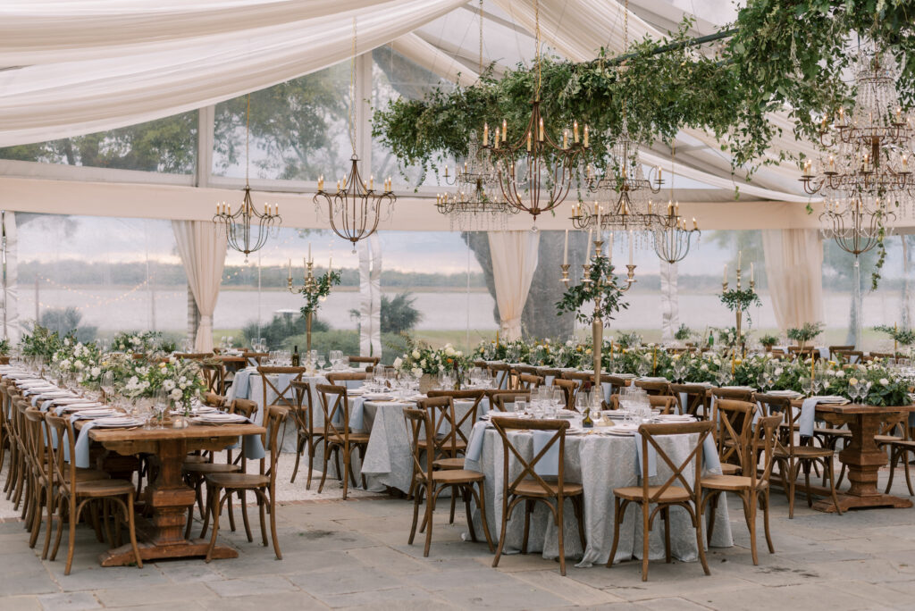 Clear tent with sides for a rainy april wedding reception