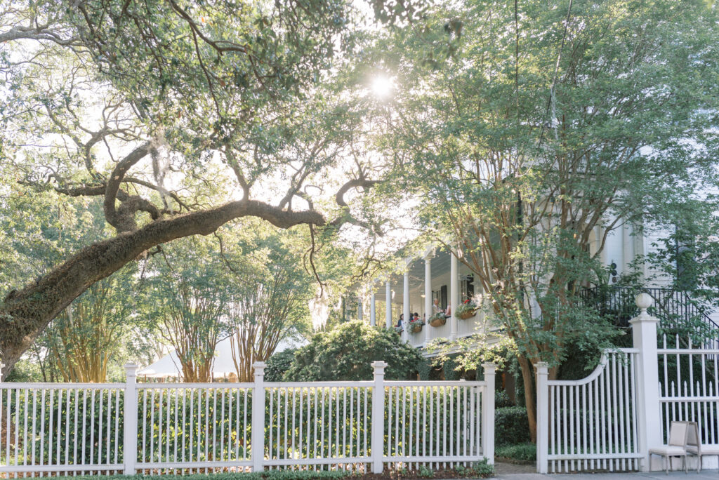 The sun shining through live oak branches with a white picket fence outside the Thomas Bennett House