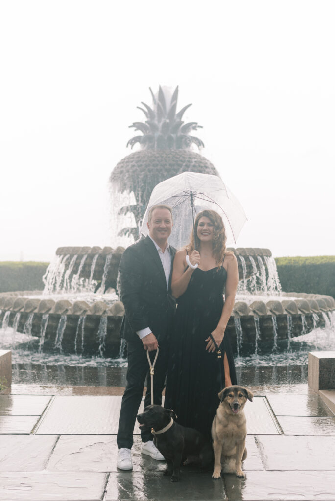 Couple and their dogs in front of the pineapple fountain in Charleston on a rainy day